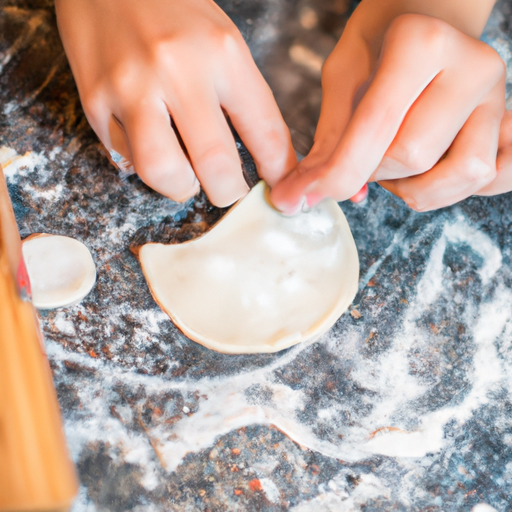 Hands rolling out dumpling dough on a floured surface.