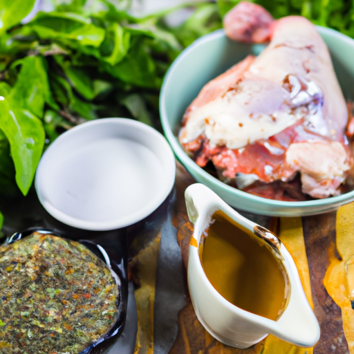 Fresh ingredients including chicken, BBQ sauce, herbs, and spices for making Dutch oven BBQ chicken.