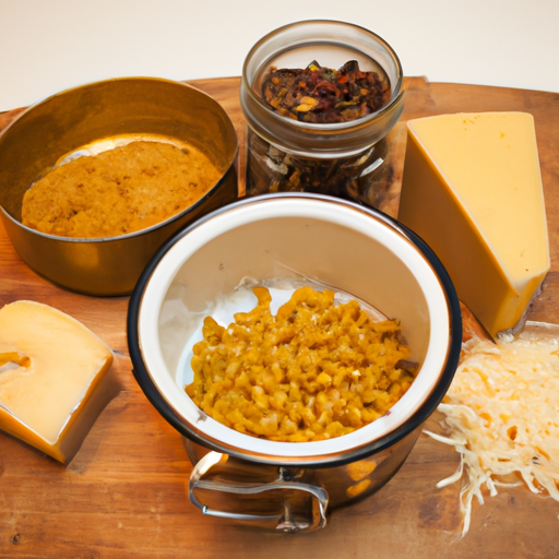 A selection of cheese, pasta, and spices used to make Dutch oven mac and cheese.